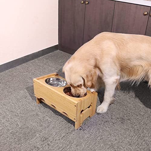 Raised Dog Bowls for Medium Dogs, Adjustable Bamboo Dog Food Bowls Dog