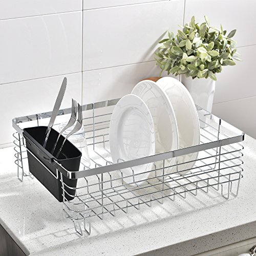 Loclgpm Modern Rust-Proof Large Draining Dish Drying Rack, 1 Tier Easy Storage, Dish Rack without Drain Board for Kitchen Over/In Sink, 1 Wide Tableware Rack and Knife Holder Accessory