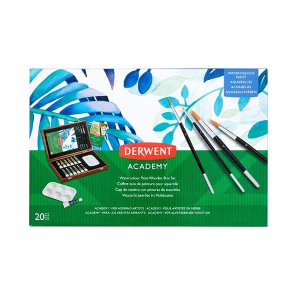 Derwent Academy Watercolour Paint Set, Painting, Set Of 18 In Wooden Gift Box, Paint Brush, Mixing Palette & Pad Included, Academy Quality, 2305673