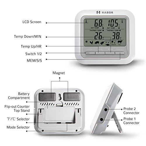 Habor 063 Dual Probe BBQ Thermometer, Digital Cooking Meat Thermometer Instant Read Food Thermometer with Large LCD Backlight & Timer Mode for Kitchen Smoker Oven Grill Turkey Beef Candy Milk Water - Thumbnail 6