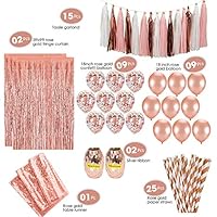 zorpia 63pc Rose Gold Party Decorations Kit | Huge 18 inch Latex and Confetti Balloons (18) | Sequin Table Runner (1) | Fringe Curtain (2) | Ribbon (2) | Paper Straws (25) | Tassle Garland (15)