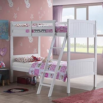 Costzon Wooden Twin Over Twin Bunk Beds Convertible 2 Individual Twin Beds for Kids Children, Solid Rubberwood Bunk Bed with Ladder and Safety Rail (White)