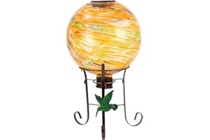 YELENEW 10" Diameter Solar Gazing Ball and 8.5" Metal Stand Indoor Outdoor Garden Ornament Glass Globe Sphere Yard Art Gazing Globe for Garden,Home,Lawn,Porch,Patio Birthday Gift for Women(Orange)