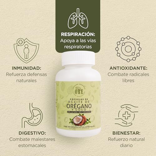ORE Aceite de Orégano y Coco, 100 Cápsulas Softgel, 500 mg, Suplemento Natural, Orgánico, Aceite de Orégano con 80% Carvacrol y Aceite de Coco