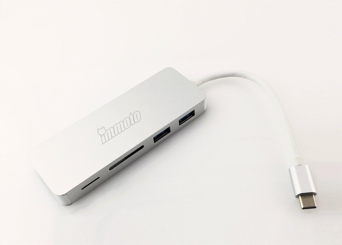 IMMOTO USB Type C to USB 3.0A + SD/TF Card Reader + USB C(PD) Dongle Adapter Connector, Silver for Galaxy S8,2017 MacBook Pro/iMac, 2016 MacBook Pro,2015 MacBook, ChromeBook Pixel