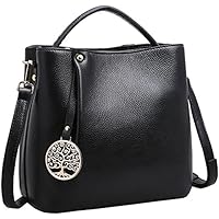 Iswee Genuine Leather Womens Bucket Bag Shoulder Handbags Tote Purses Top Handle Bag Designer Satchel Purses for Ladies (Black)
