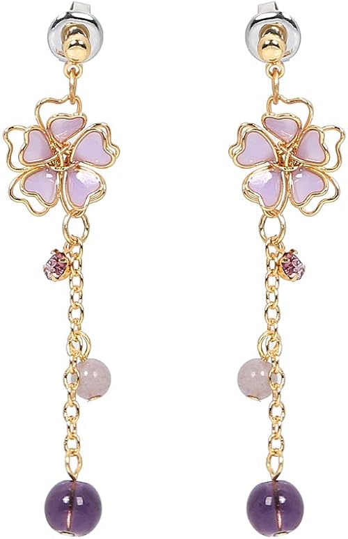 Amazon Enocoland ピアス イヤリング 揺れる 桜花 ロングチェーン フリンジ ジリコン 可愛い 和風 アレルギーフリー パープル ノンホール ネックレス 通販