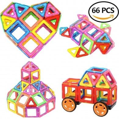 Magnetic Building Blocks Educational Toys for Kids 66 color stacking Magnet tile learning play set with wheels - STEM toy for Boys and Girls - toddlers and preschool children DIY fun ages 3 years , 4+