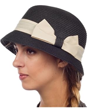 Womens 100% Paper Straw Ribbon Bow Accent Cloche Bucket Bell Summer Hat