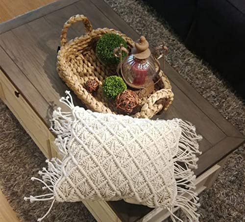 RISEON Bohemia Handmade Cotton Macrame Fringe Throw Pillow Cases Cover Pillowcases for Couch Sofa Boho Home Decor gift-18 x 18 inches,Off White (E)