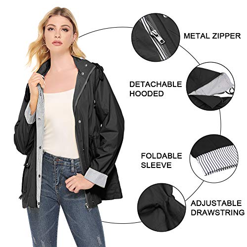 bedee Women's Raincoats Windbreaker RainJackets Waterproof Ourdoor Hooded Trench Coats Black - Thumbnail 3