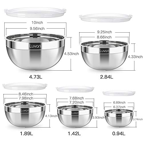 Luvan 18/10 304 Stainless Steel Mixing Bowls with Lids,Wide Rim for Easy Grip and Pouring,Extra Deep for Generous Servings,Stackable for Convenient Storage,FDA-Approved&BPA-free,Set of 5 - Thumbnail 5