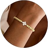 ZHESHY Birthstone Gold Bracelets for Women Trendy Clover Charm Bracelets Non Tarnish 14K Gold Plated Stretch Beaded Friendship Bracelets Womens Jewelry Valentine's Day Gift