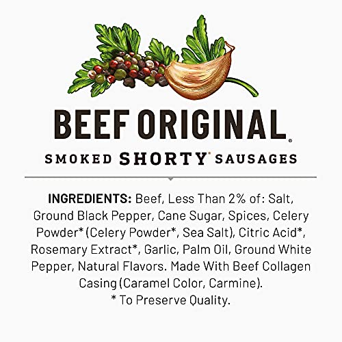 DUKE’S BEEF ORIGINAL SMOKED SHORTY SAUSAGES, 7G PROTEIN PER SERVING, GREAT FOR CHARCUTERIE BOARDS, 4 OZ.