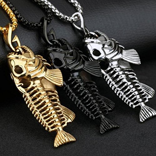 Long Sweater Chain Pendant Necklace Cuekondy Fish Bone & Fishing Hook Skeleton Stainless Steel Charm Statement Jewelry for Men Women Girls (Black)