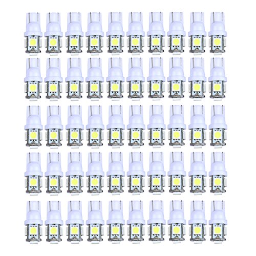 Yolu 50pcs 12V T10 5SMD White High Bright LED Light Bulb Car Motor Vehicle Dashboard Interior Dome Parking Side Turn Signal Lights 158 168 192 194 2825 W5W
