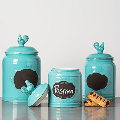 Set Of 3 Blue Chalkboard Rooster Canisters Durable Kitchen Canister Set With Tight Lids For Food Storage And Organization Ceramic Amazon Sg Home