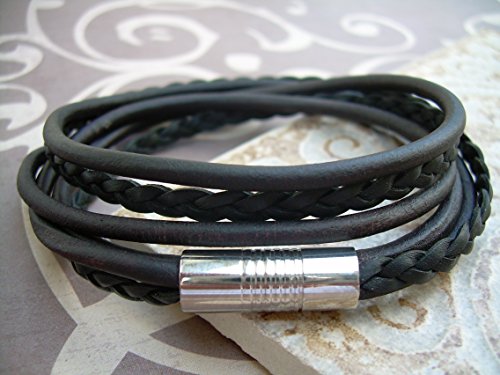 Mens Leather Bracelet, Natural Black and Black Braid, Double Wrap, Stainless Steel Magnetic Clasp, Mens Bracelet, Mens Jewelry