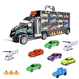 iBaseToy Car Toys - Toy Car Carrier Transport Trucks Set Play Vehicle Gift for Kids Boys Toddlers, Includes 10 Cars, 2 Helicopters, 2 Roadblocks, 1 Town Map, and 28 Toy Car Slots