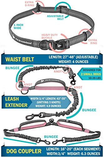 Pet Dreamland Hands Free Double Dog Leash - Two Small to Medium Dogs (up to 35lbs) | Running, Walking, Hiking | Waist Leashes for Dogs (Dark Grey & Pink)