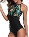 Holipick Women One Piece Swimsuit High Neck Mesh Ruched Floral Printed Floral L