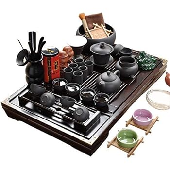 ufengke Chinese Ceramic Kung Fu Tea Set With Wooden Tea Tray And Small Tea Tools, Tea Service, Toy Tea Set For Gift, Office Home Use, Black