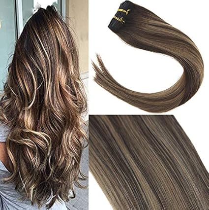 Sunny Balayage Extension Capelli Veri Clip Remy Full Head Extension Clip Capelli Veri Marrone Scuro Con Biondo Caramello 4274 7pcs120g 14 Pollice