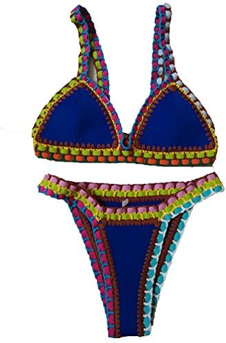 CALYFER Women's Sexy Handmade Crochet Bikini Swimsuit Swimwear Bathing Suit Royal Blue a Large