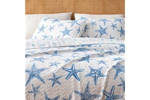 GREAT BAY HOME Full / Queen Coastal Quilt Bedding Set, Summer Coastal Quilt with Shams, Beach 3-Piece Reversible All Season Bedspread Quilt Set. Lightweight Nautical Quilted Coverlet. Trinidad Collection, Blue