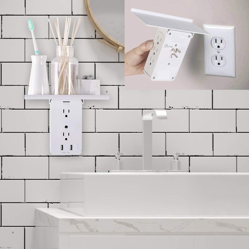 Socket Wall Shelf-CFMASTER 10 Port Surge Protector Wall Outlet, 8 Electrical Outlet Extenders and 2 USB Ports 2.4A, with Removable Built-In Shelf and LED Indicator, FCC Listed, White - - 