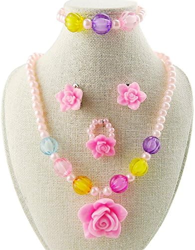 Kids Jewelry Necklace Bracelet Ring Earrings set Rose Flower Costume for Girl with Pink Box