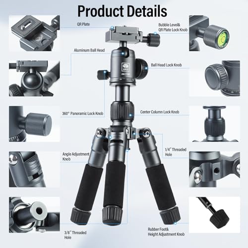 SIRUI Compact Mini Desktop Tripod, 20" Aluminum Portable Small Tabletop Tripod Stand with 360° Ball Head for DSLR, Camera, Phone, Loaded up to 17.64lbs, Phone Holder Included, AM-TT50