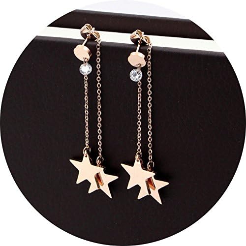 Titanium Steel Rose Gold Plated Shining Lucky Star Tassel Tiny Dot Ear Stud Dangle Earrings