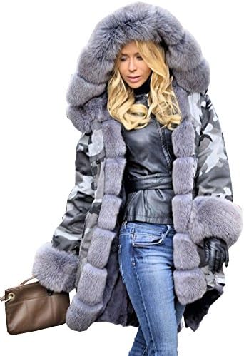 Aox Women Fashion Faux Fur Hooded Camouflage Military Loose Plus Size Winter Coat Outdoor Parka Anoraks