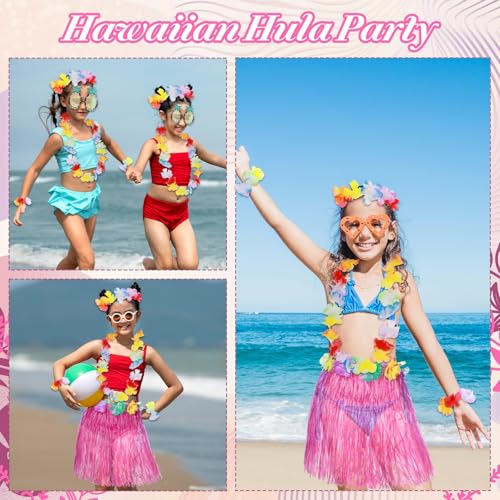 Hawaiian Grass Skirt, Flower Costume Set for Dance Birthday, Party Dance Skirt for Performance, Tropical Beach Party Outfits Kit Hawaiian Hula Costume Accessory Summer Party Dress Up for Girls