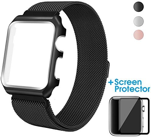 For Apple Watch Band 42mm Black - Milanese Loop Mesh Smooth Stainless Steel Strap Metal Protective Case with Screen Protector for iWatch Series 1 2 3 &amp; Sport &amp; Edition - Black