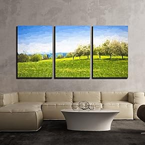 3 Piece Canvas Wall Art - Oil Painting Spring Landscape - Green Meadow and Fruit Trees - Modern Home Art Stretched and Framed Ready to Hang - 16"x24"x3 Panels