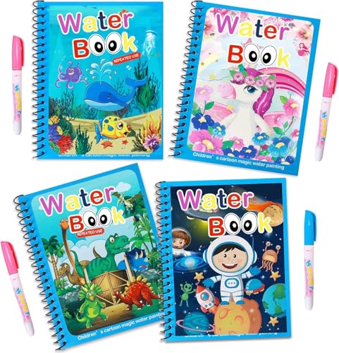 DMG 4 Pack Cartoon Water Coloring Magic Book With Water Pen, Toddlers Kids Reusable Painting Unicorn Animal Cartoon Coloring Book Boys Girls Educational Learning Toys Gifts