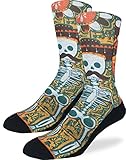 Good Luck Sock Men's Skeleton Mustache Crew Socks - Yellow, Adult Shoe Size 8-13