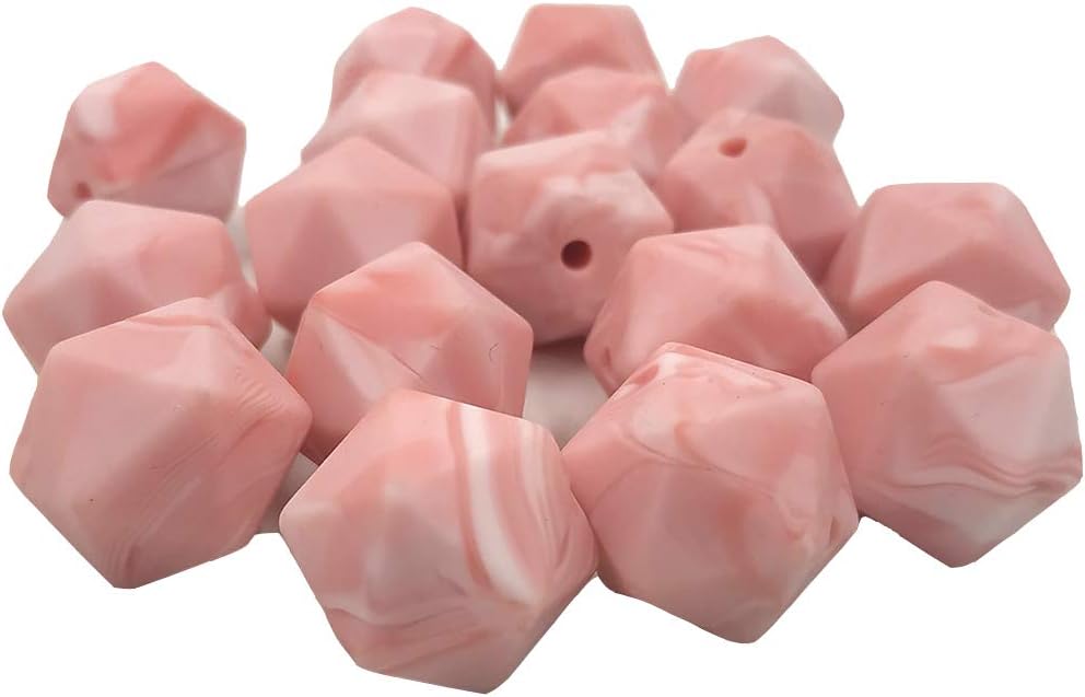 30pcs 17mm Silicone Polygon Pearl Beads Silicone Geometric Icosahedron Shape Beads Necklace Bangle DIY Beading Accessory (Dark Marble Pink)
