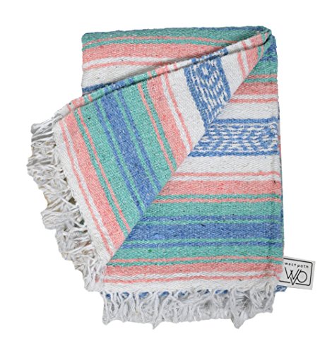 Light Teal and Coral Mexican Blanket - Authentic Mexican Flasa - Great Yoga Blanket, Beach Blanket, Picnic Blanket, or Mexican Throw! Handwoven - Thumbnail 5