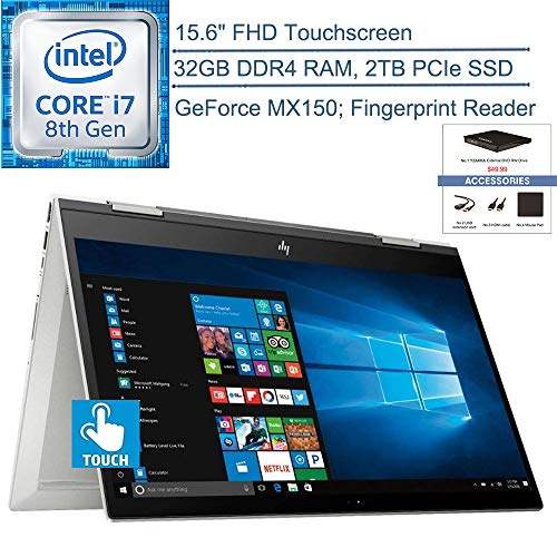 2020 HP Envy x360 15.6″ FHD Touchscreen 2-in-1 Laptop Computer, 8th Gen Intel Quad-Core i7 8565U, 32GB DDR4 RAM, 2TB PCIe SSD, NVIDIA GeForce MX150 4GB, Windows 10, YZAKKA External DVD + Accessories