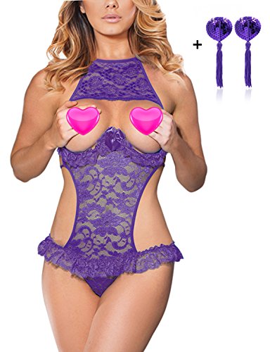 Queen.M Lace Sling Open Cup Floral Sexy Lingerie Lace Nighty (X-Large, Purple)
