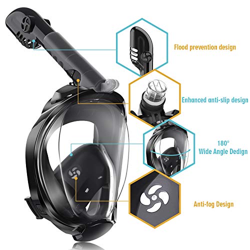 Full Face Snorkel Mask, 180°Panoramic View Free Breathing Foldable Tube Design, Anti-Leak Anti-Fog Snorkeling Diving Mask with Detachable Camera Mount & Adjustable Head Straps for Adult Black (S/M) - Thumbnail 2