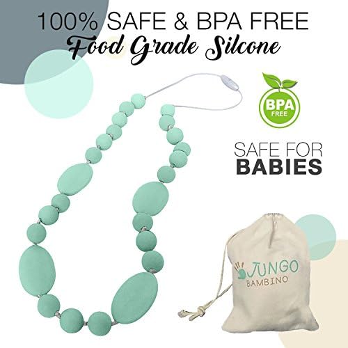 JUNGO BAMBINO Teething Necklace For Moms To Wear and Baby To Chew, Chewbeads Chewlery Teether and Instant Pacifier for Teething Infants. Made From BPA Free Safe Chewable Silicon. (All Mint)