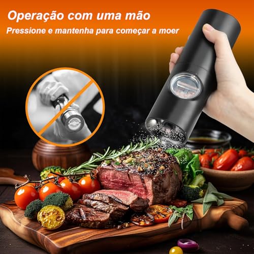 Moedor Elétrico de Sal e Pimenta, Conjunto com 2 Unidades, 70ml, Preto