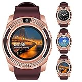 V8 Sports Smartwatch Bluetooth with Camera Message Push Touch Screen Pedometer Sedentary Reminder Sleep Monitor Instant Notification Anti-Lost Smartwatch for Android Phone (Brown+Rose Gold)