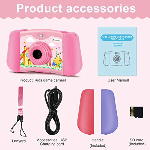 PROGRACE Kids Camera Toddler Girls Toy Gifts Handheld Game Consoles for 4-12 Year Old Children Camera for Kids Support 4000+ Games Music Selfie Kids Digital Video Camera 12M(Pink)