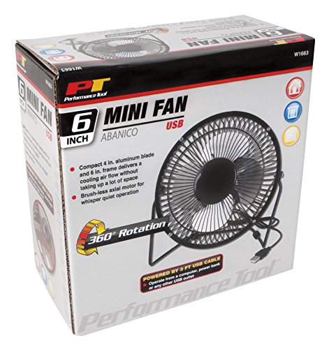 Performance Tool W1663 6" Blade (Powerful Airflow, Low Noise, Metal Design, USB Powered, Personal Table Fan, Mini Cooling Fan, Small Desk Fan, Quiet Office Fan), 1 Pack