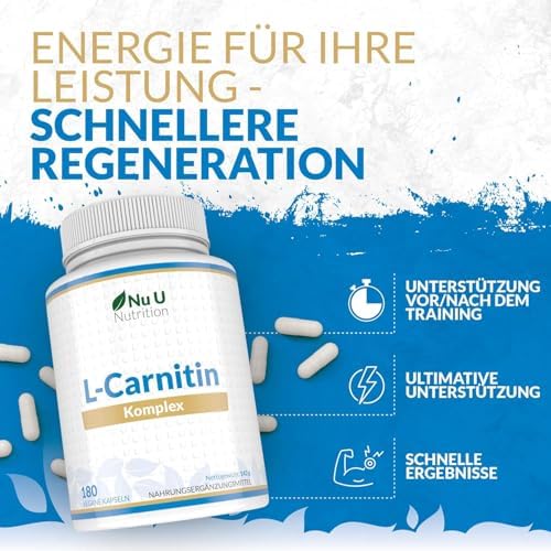 L-Carnitin Komplex 2.200mg Hochdosiert - 180 Vegane Kapseln - Mit Riboflavin, Biotin, Chrom, Vitamin D, B3 & B6 - L-Carnitin-Tartrat-Ergänzung - Nu U Nutrition